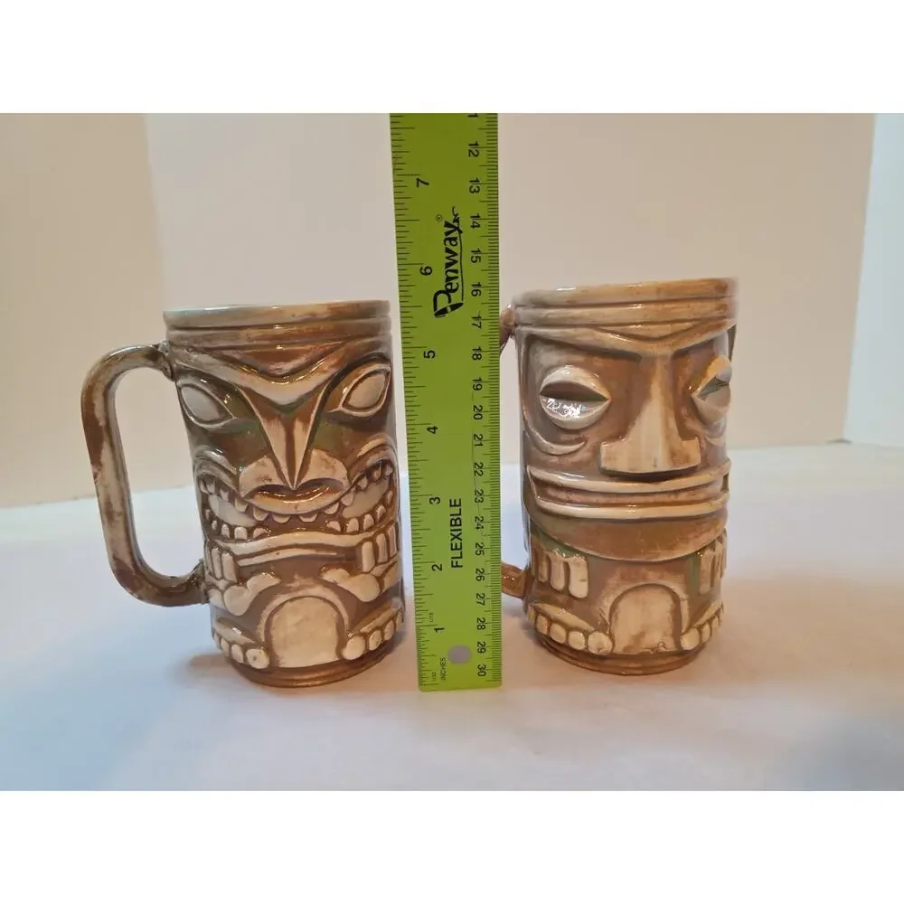 2 Vintage Ceramic Tiki Mugs with Handles 5.5